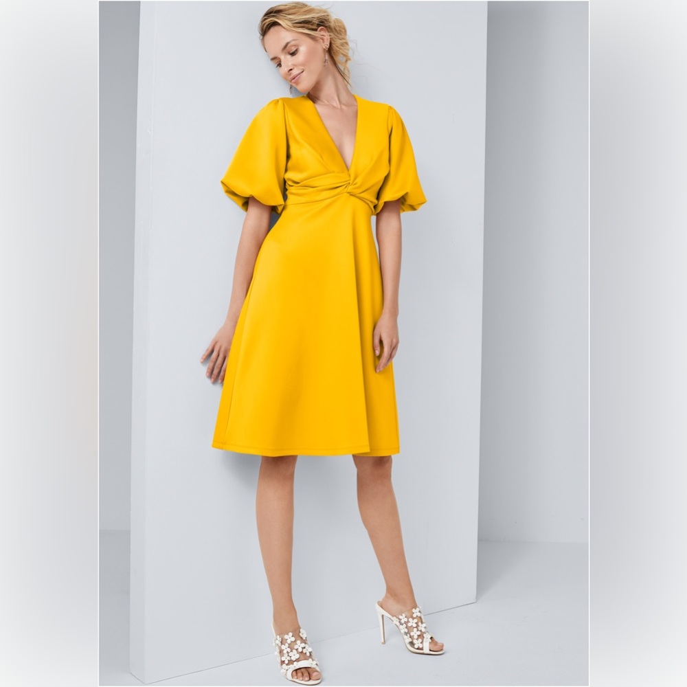 Balloon Sleeve Midi Dress in Yellow | VENUS